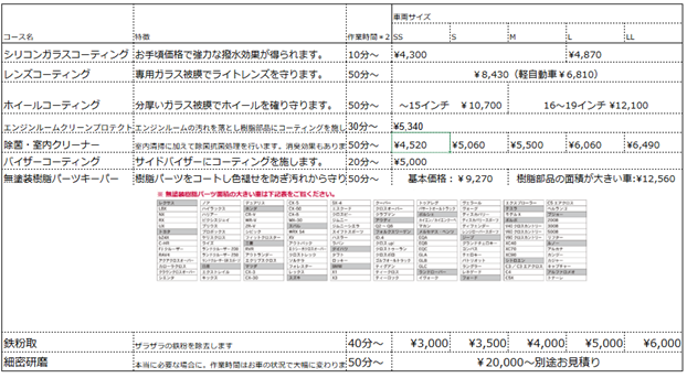 各種オプションメニュー料金